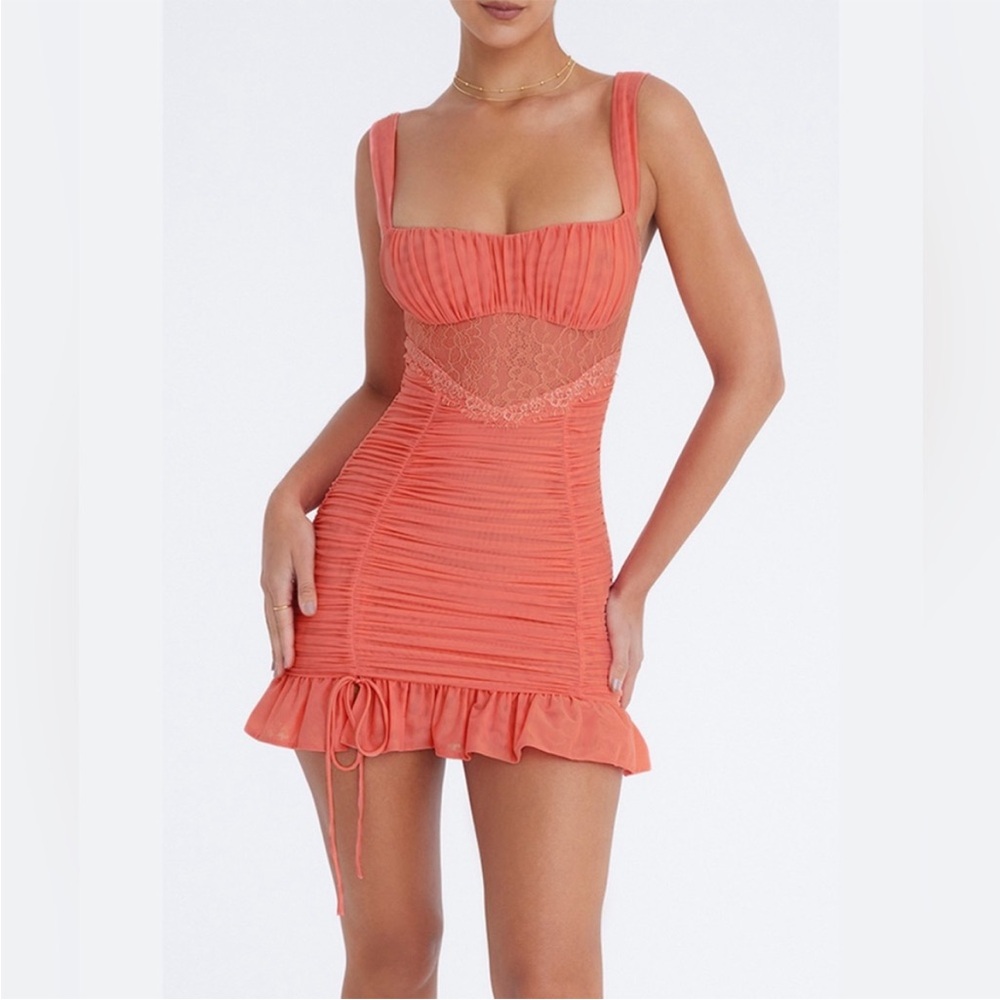 Mistress Rocks Coral Lace Ruched Mini Dress Small